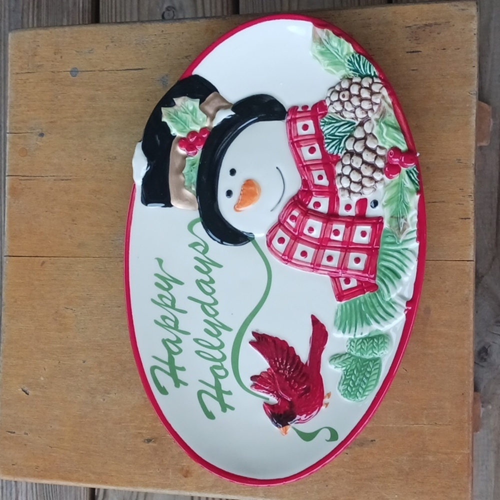 FITZ AND FLOYD Holly Berry Snowman tray